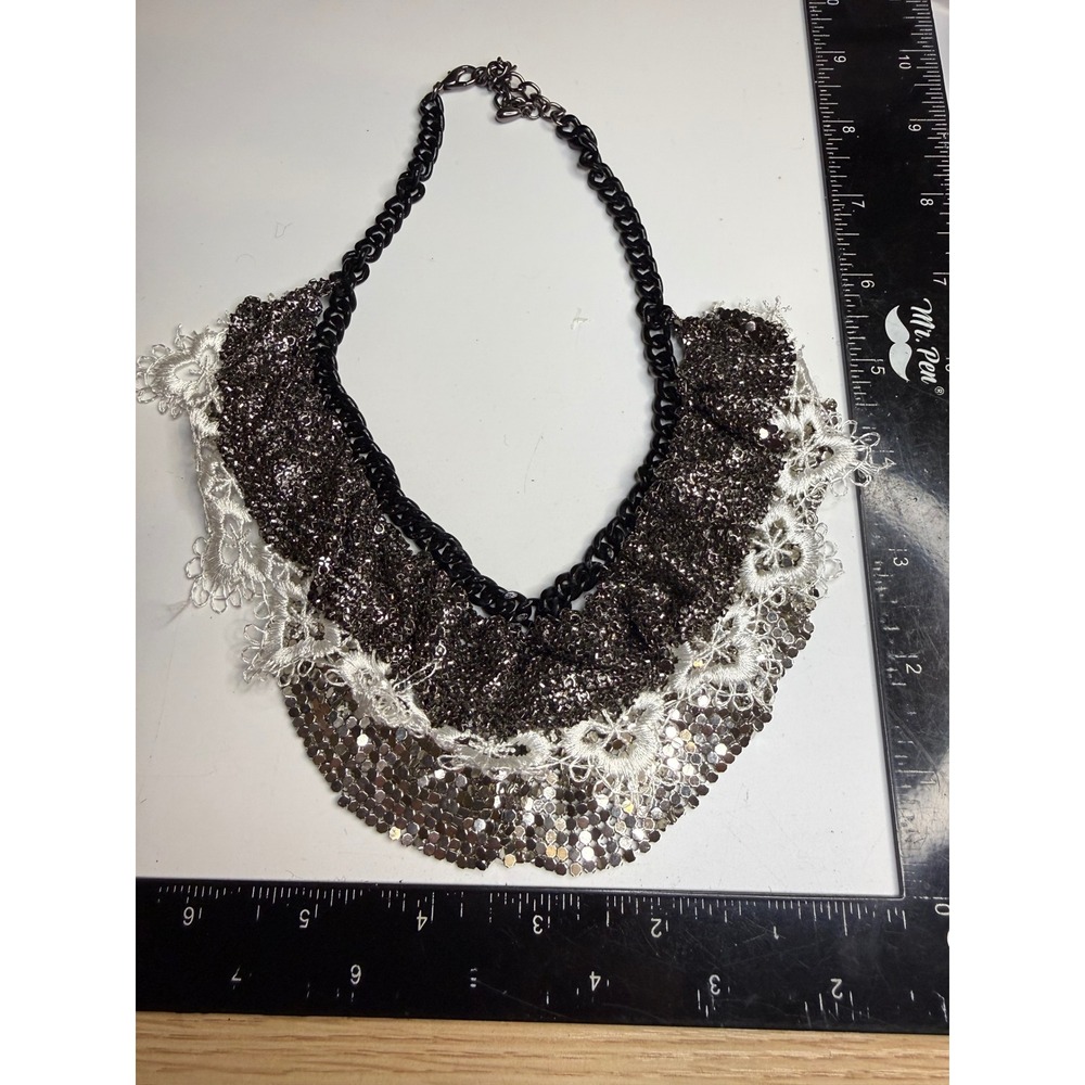 Mixed Media Bib Necklace Black Chainmail Mesh Lace Ruffle Statement Jewelry